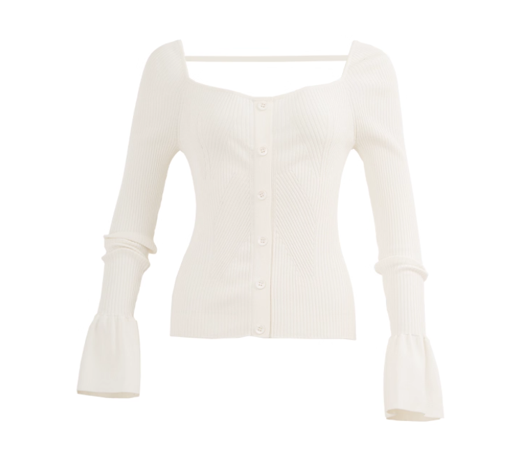 CISSONNE赛颂女装合股纱复古方领简约修身气质白色针织衫